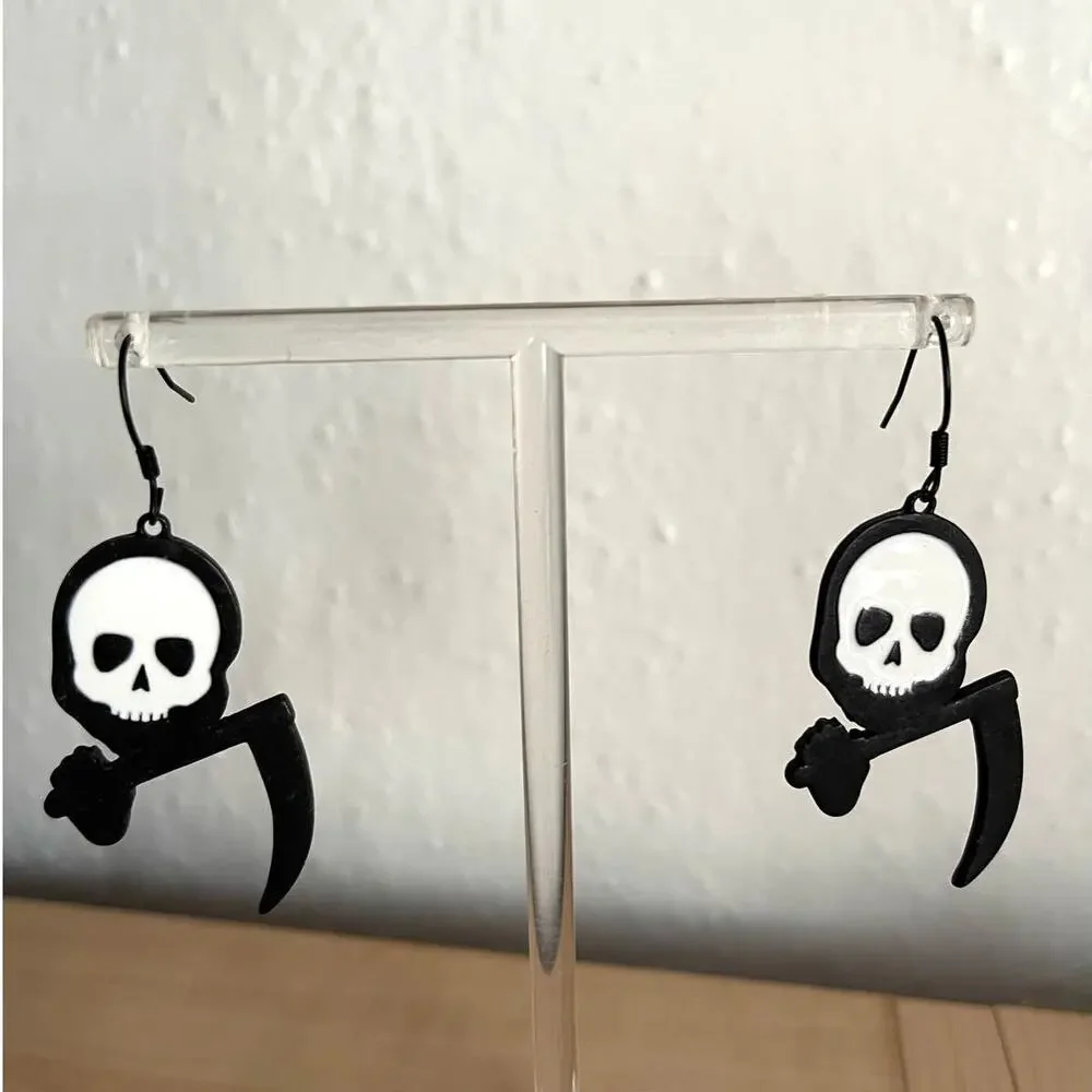 Grim Reaper Scythe Dangle Earrings Goth Spooky Halloween Skull Jewelry
